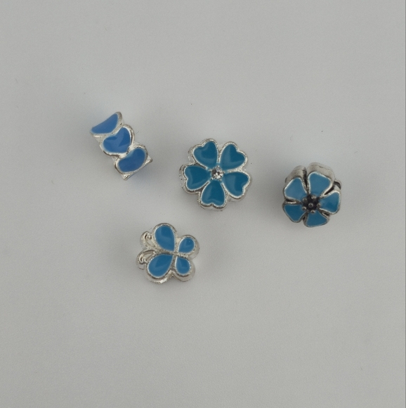 Set of 4 Silver Tone Blue Enamel Flower European Charm Beads for Bracelets - Picture 3 of 4